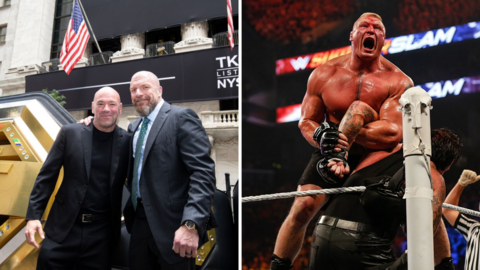 Dana White and Triple H in front of the a UFC TKO WWE sign beside a picture of Brock Lesnar in action in the WWE