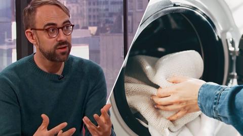 A split picture of Harry Kind sat in a TV studio alongside a close up of someone wearing a dark blue shirt, loading clothes into a washing machine. 