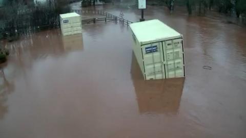 Shipping containers washed away at Skenfrith, Monmoutshire