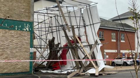 Scaffolding collapsed at the rear of a shop in Chandos Road in Worthing in high winds