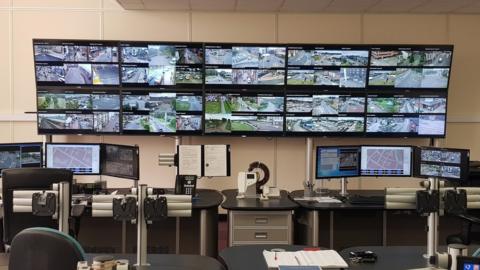 Wrexham CCTV control room with multiple screens
