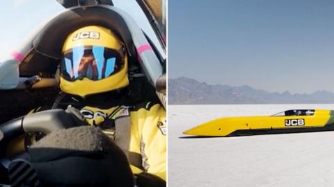 Composite of a man wearing a yellow helmet driving in the cockpit of a high-speed car, and the exterior of a yellow high-speed car shaped like a rocket