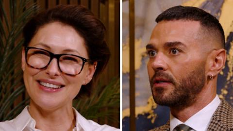 Splitscreen image showing Emma and Matt Willis. She has short brown hair and wers tortoise shell glasses. He has short hair and a beard.