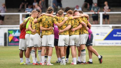 Bath City v Newport County - Pre Season Friendly - Newport huddle