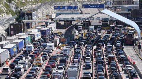 Traffic queuing for the Port of Dover in Kent.