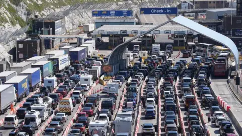 Traffic queuing for the Port of Dover in Kent.