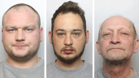 Mugshots of Patryk Kubacz, Damian Sidor, and Jaroslaw Szklarski. All are wearing grey tops. Kubacz is medium built with a shaved head and stubble.  Sidor has brown hair, receding at the front and pushed upwards. He has a trimmed beard and a faint scar between his eyebrows. Szklarski is bald on top, with grey hair on the sides.