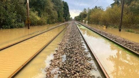 Flooded railway lines near Stowmarket