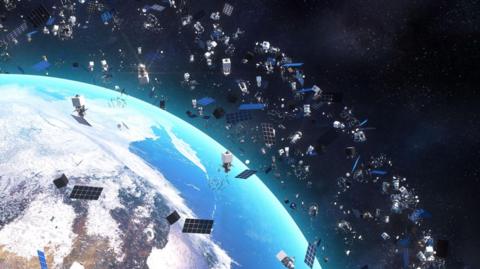 A computer illustration demonstrating space junk orbiting around Earth.