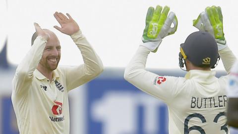 Jack Leach celebrates a Test wicket