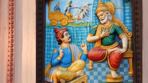 Wall art of Sanjaya telling Dhritarashtra king about Mahabharata war as is in Hindu epic Mahabharata or Mahabharat in Ramkrishna math on March 19,2017 in Hyderabad,India