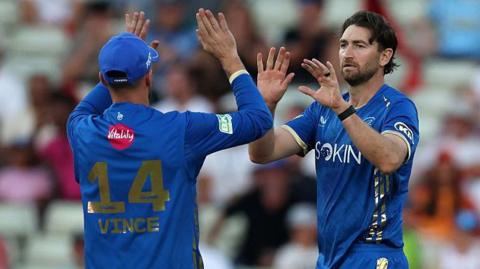 Richard Gleeson of MI London Men celebrates taking the wicket of Mitchell Owen of Birmingham Phoenix