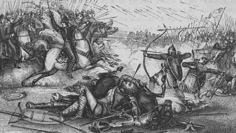 A black and white drawing depicting an 11th Century monarch lying on the ground with an arrow in his eye. There are soldiers, archers and calvary in the background. 