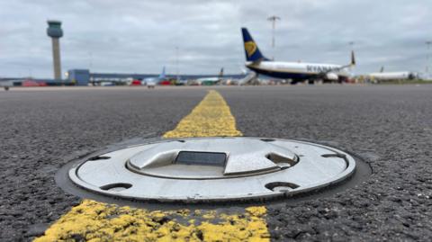 A close up of the runway at East Midlands Airport