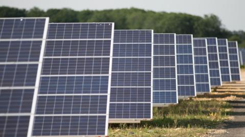 A view of a solar farm within a field. Rows of solar panels, one in front of the other, are pictured at a slight angle facing the sky. Trees can be seen in the distance.