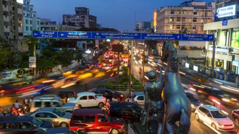 Traffic at dusk, central Chennai, Chennai (Madras), Tamil Nadu, India.