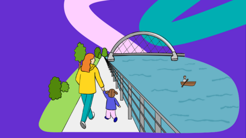 An illustration of a mother and daughter walking along the riverside in Glasgow.