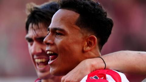 Stoke City's Million Manhoef celebrates scoring their side's first goal of the game during the Sky Bet Championship match at the bet365 Stadium, Stoke-on-Trent. Picture date: Saturday October 19, 2024.