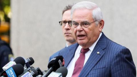 US Senator Robert Menendez outside court after his conviction.