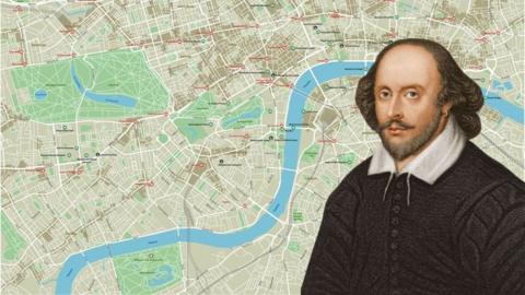 Shakespeare and a map of London. 