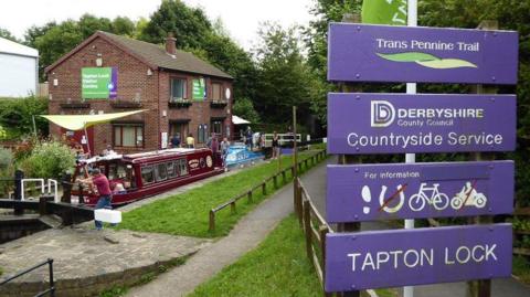 Image of the visitor centre in the background along the canal. A sign in the foreground reads TAPTON LOCK below another sign which reads Derbyshire County Council Countryside Service.