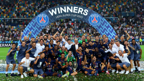 Paris St-Germain celebrate with the 2025 Uefa Super Cup