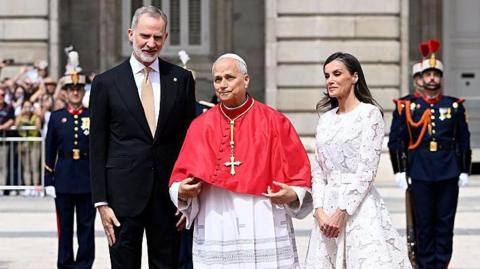 King Felipe VI of Spain and Queen Letizia of Spain reception to His Holiness the Pope Leo in Welcome Ceremony at Royal Palace on Saturday.
