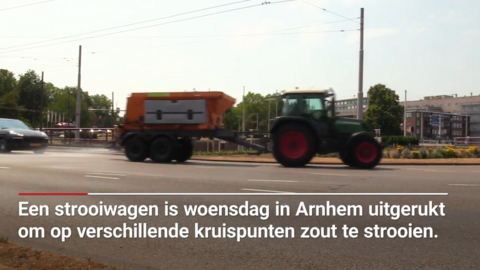 A gritter salting a roundabout in Arnhem, the Netherlands. 25 July 2018.