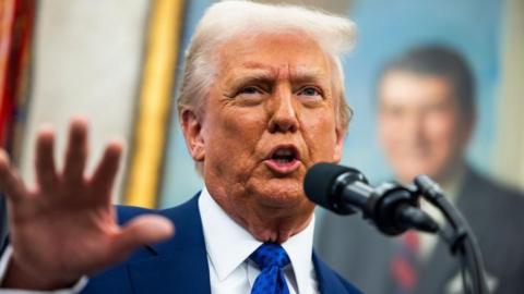 Donald Trump gestures with his right hand while speaking into a microphone