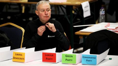 man sits in a black jacket at a count in islington behind a table showing counting trays for lib dems, labout, green and conservatives 