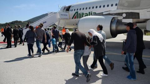 The migrants are travelling on the same plane as the Pope back to the Vatican
