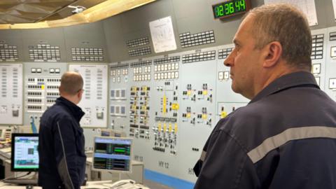 Technicians monitor levels at the Khmelnytsky nuclear power plant in Ukraine