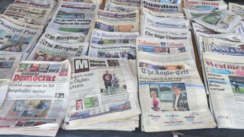 Local, regional and national Irish newspapers seen outside Dun Leary's Last Corner Shop. On Sunday, 27 June 2021, in Dun Laoghaire, County Dublin, Ireland.