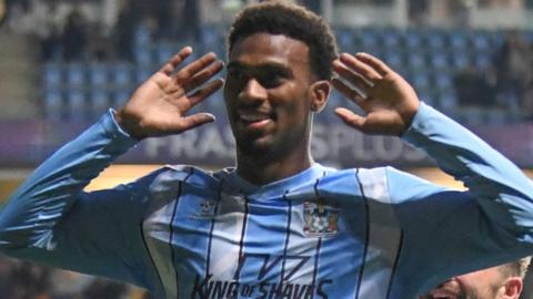 Haji Wright celebrates scoring for Coventry against Plymouyth Argyle