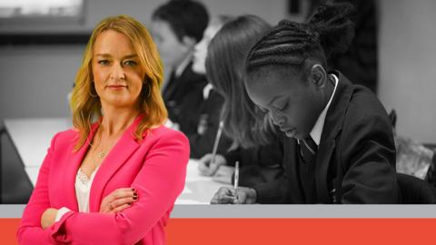 Composite image of Laura Kuenssberg and a schoolgirl studying