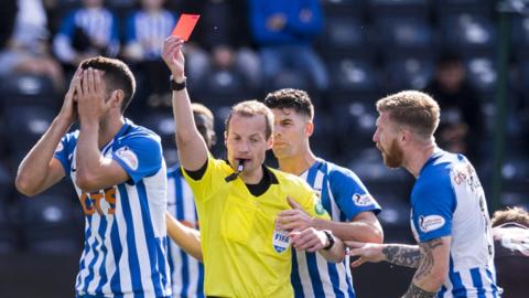 Referee Willie Collum sends off Kilmarnock's Gary Dicker