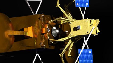 The "Space Drone" (yellow) would dock with the ageing telecommunications satellite