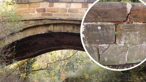 A picture of the Upleatham Bridge with an inset picture layered over the top, in a white circle, showing cracks in the east parapet. It is a stone single-span bridge.