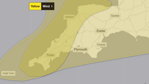 A map of Devon and Cornwall. There are grey boxes with High Town, Truro, Hartland, Plymouth, Exeter, Torquay and Taunton written in them. There is are two yellow shapes over Devon and Cornwall. With a yellow and black box that says "Yellow" and "Wind" in the top left. 