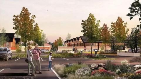 A CGI image of the proposed Tatton Services showing a couple with a young girl standing in the car park