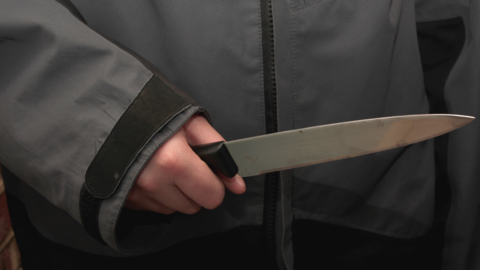 The photograph shows the hand of a person holding a large knife. The knife has a black plastic handle. The holder of the weapon is wearing a grey waterproof coat.