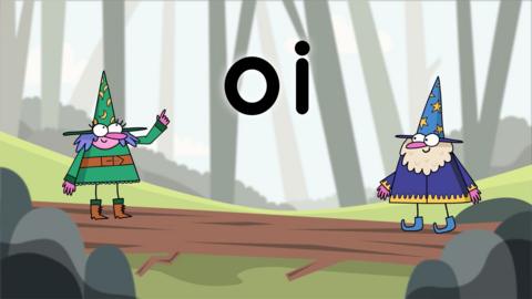 Two cartoon wizards standing on a log with an oi written between them.
