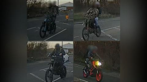Four composite pictures of people riding Sur-Ron-style electric motorbikes. Three of the images show two people riding at the same time. One of the bikes has red wheels.