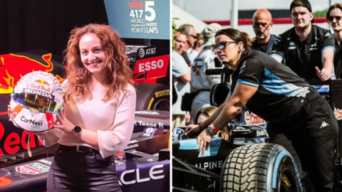 Andra Patricia (left) holds a helmet and Cleo Collins (right) next to a car