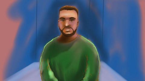 A court sketch depicts Bondi beach shooting accused Naveed Akram, wearing a green jumper and with a short beard, appearing in a Sydney court via video link