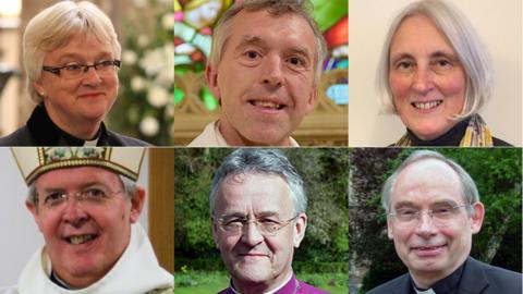 Welsh bishops: Clockwise: Bishop of Llandaff, June Osborne, Bishop of Bangor, Andy John, Bishop of St Davids, Joanna Penberthy, Bishop of St Asaph, Gregory Cameron, Bishop of Swansea & Brecon, John Davies Bishop of Monmouth, Richard Pain,