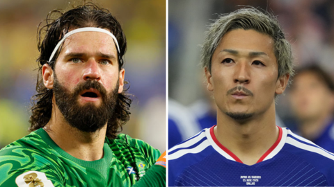 Alisson Becker of Brazil and Daizen Maeda of Japan