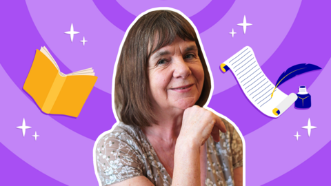 Image of Julia Donaldson imposed on a purple background