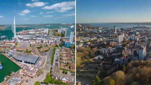 Aerial views of Portsmouth and Southampton city centres.