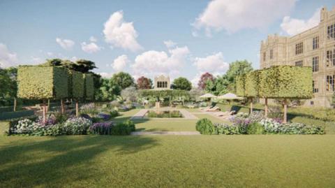 A mocked-up view of a garden with a pool in the middle, and an old mansion style building to the right. The garden has grass and tree, flower beds and a path around the pool.